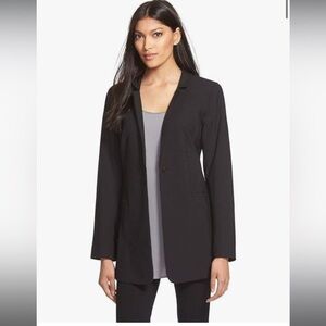 EILEEN FISHER CLASSIC LONG BLACK WOOL SILK BLEND BLAZER